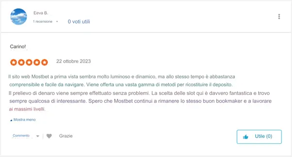 L'autore della recensione esprime la sua impressione sul sito Mostbet